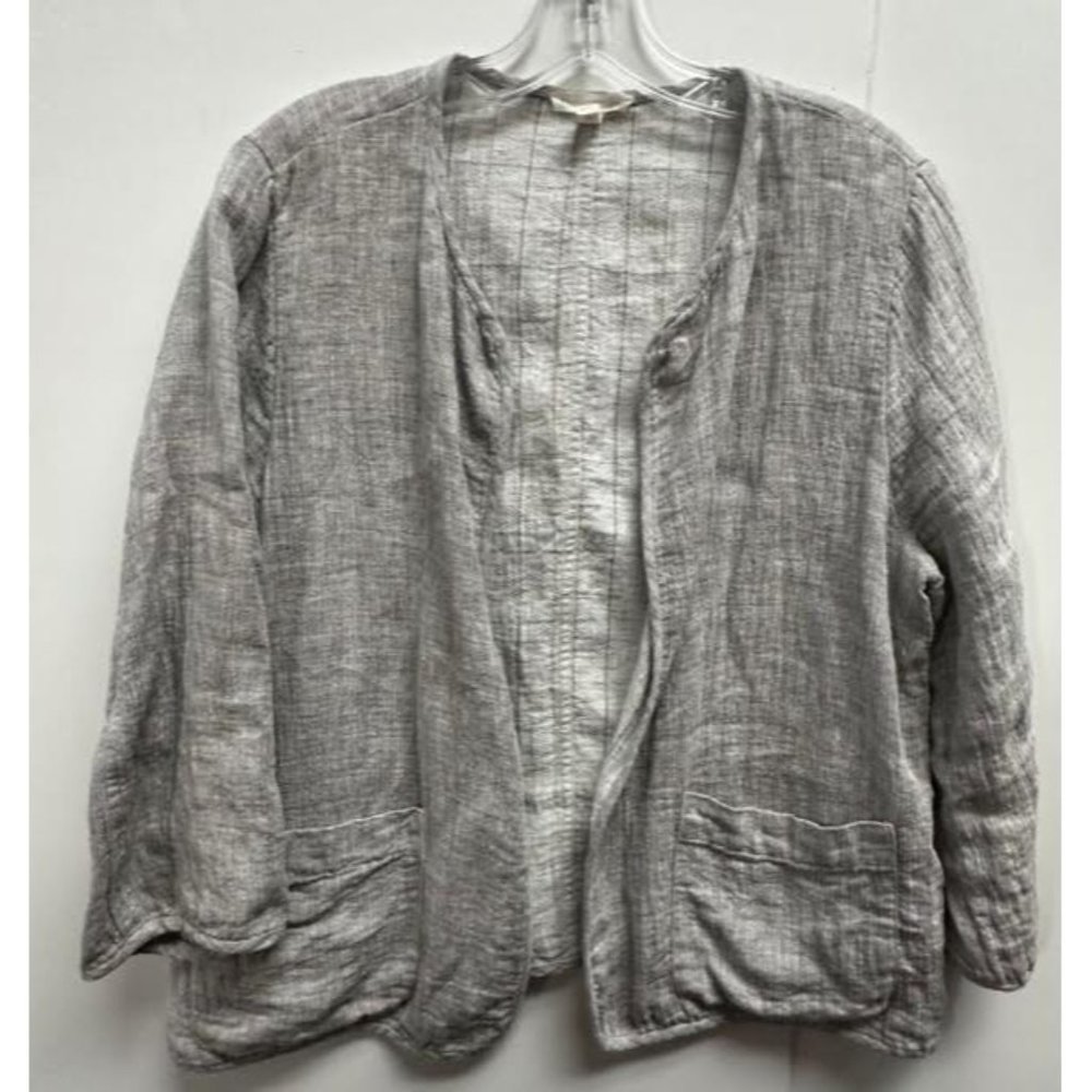 EILEEN FISHER Linen Cotton Open Jacket Gray Double Face Pockets 3/4 Sleeve M Med